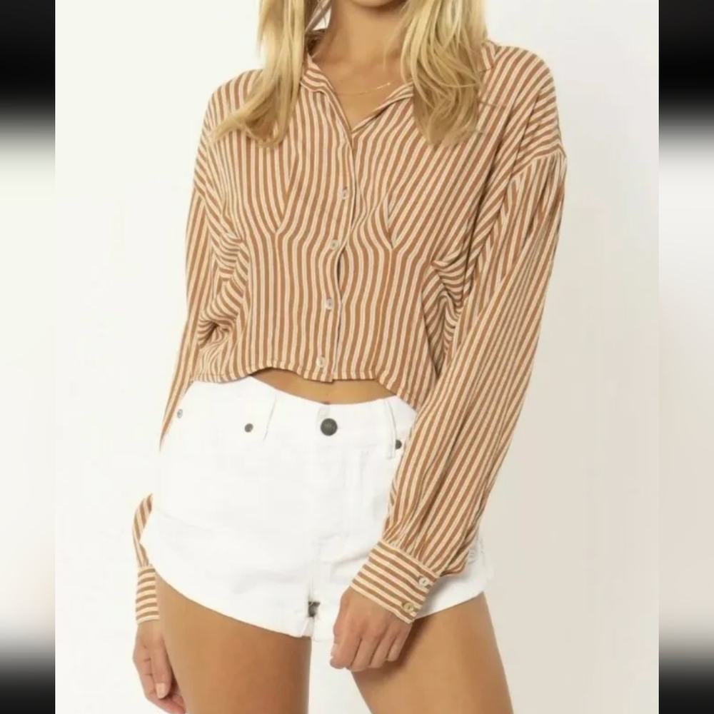 Amuse Society Kala Blouse L Reddish Brown Long Slv Striped Button Down Spring